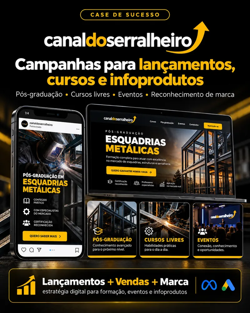 Case de sucesso Canal do Serralheiro: campanhas para lançamentos, cursos e infoprodutos: pós-graduação, cursos livres, eventos e reconhecimento de marca, com Meta Ads e Google Ads.