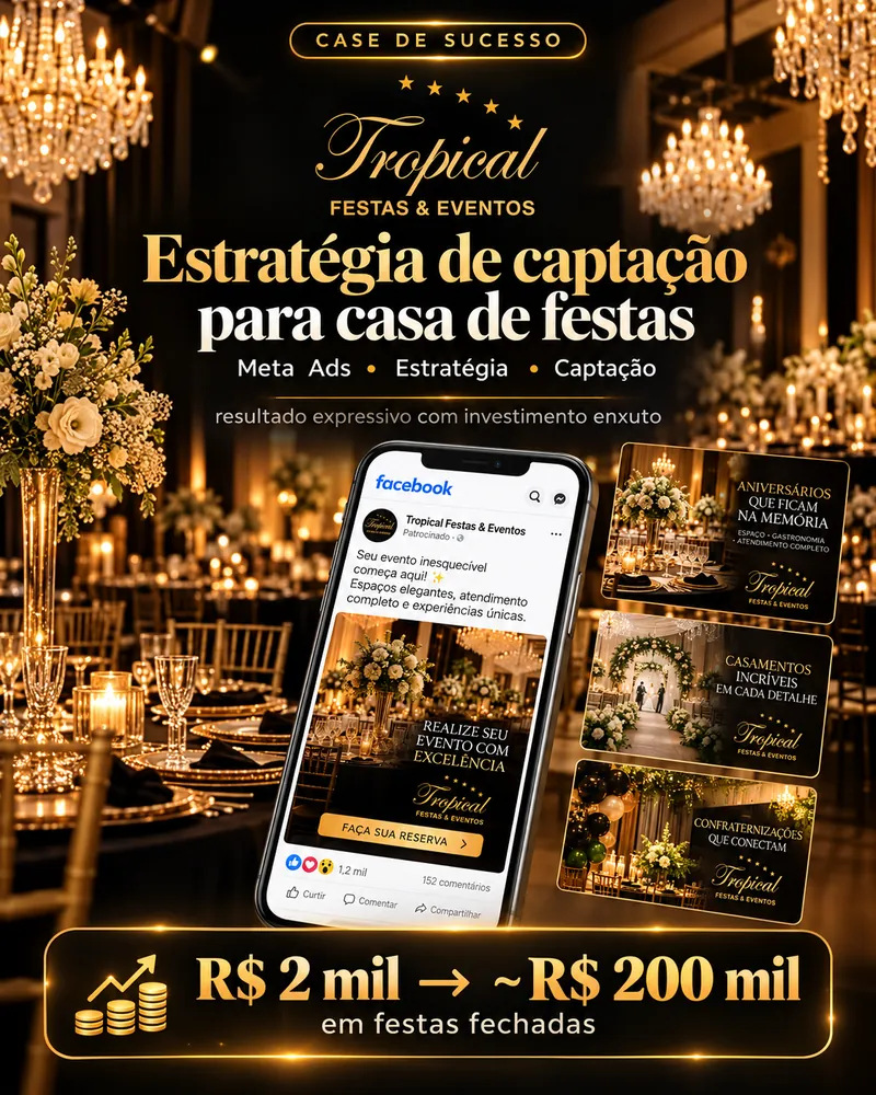 Case de sucesso Tropical Festas & Eventos: estratégia de captação para casa de festas com Meta Ads; R$ 2 mil investidos geraram cerca de R$ 200 mil em festas fechadas.
