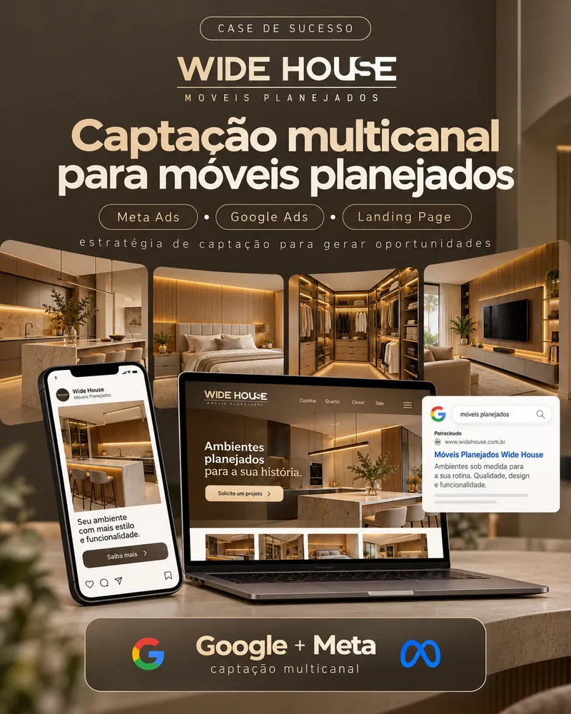 Case de sucesso Wide House: captação multicanal para móveis planejados com Meta Ads, Google Ads e landing page.