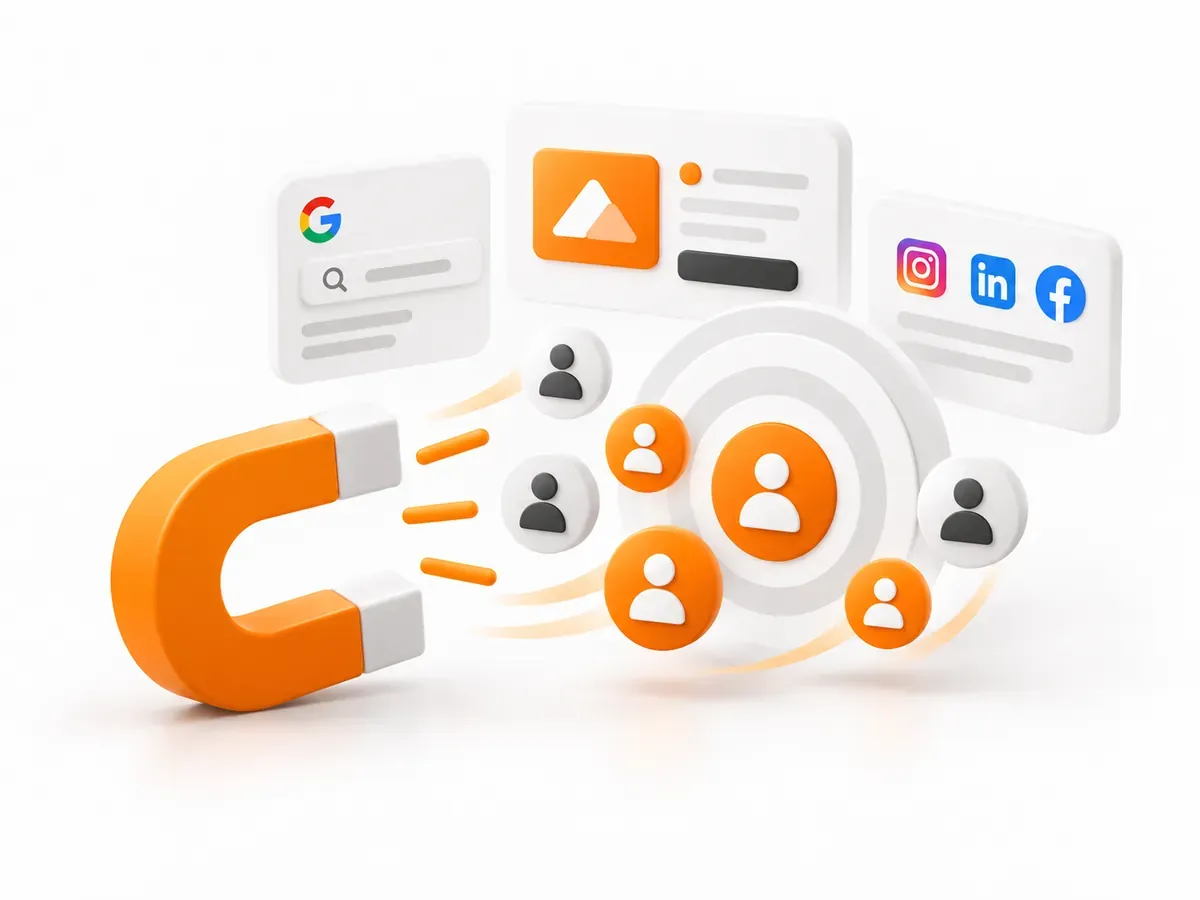 Ilustração de aquisição de clientes: ímã atraindo pessoas a partir do Google, Instagram, LinkedIn e Facebook